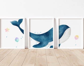 Whale Wall Art/ Watercolor Whale/ Whale Print/ Whale Poster / Whale Nursery/ Blue Whale/ Whale Decor/ 3 Piece Set/ Big Whale/ Whale Art