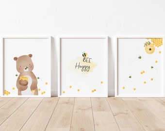 Set of 3 Prints/ Bee happy Nursery Wall Art Poster/ Nursery Animal Print/ Bear Nursery/ Bear Nursery Art/ Bear Printable/ Cute Bear Print