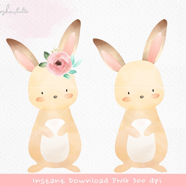 Rabbit Clip Art/ Bunny Clip Art/ Rabbit Flowers/ Watercolor Rabbit/ Rabbit Graphic/ Cute Bunny Clipart/ Rabbit With Flowers