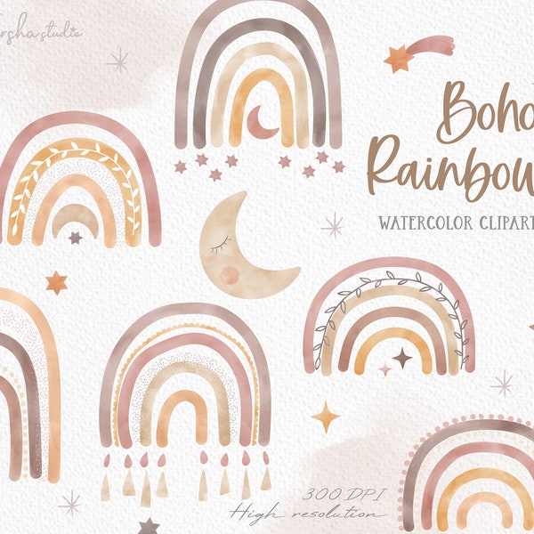 Boho Rainbow Watercolor Clip Art/ Boho Rainbow decor/ Boho Clipart/ Rainbow Png/ Boho Png/ Rainbow ClipArt/ Boho Nursery Decor