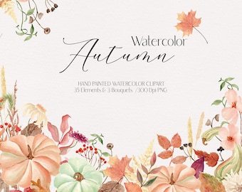Watercolor fall clipart Autumn clipart Pumpkin clipart Thanksgiving clipart Fall png Watercolor pumpkins and fall leaves clipart