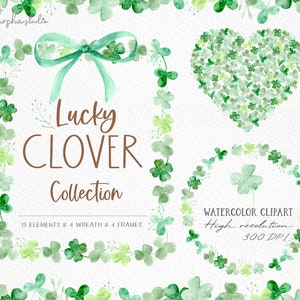 Könnte beinhalten: Aquarell-Clipart-Sammlung mit grünen Kleeblättern in verschiedenen Formen, darunter ein Herz, Kränze und Rahmen. Der Text "Lucky Clover Collection" ist in brauner Schrift geschrieben. Der Text "19 Elements & 4 Wreath & 4 Frames" ist in schwarzer Schrift geschrieben. Der Text "Watercolor Clipart High resolution 300 DPI" ist in schwarzer Schrift geschrieben.