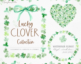 Watercolor St Patricks Day Clipart/ Clover Heart Png/ Clover clipart/ St Patricks Png/ Irish Sublimation Graphics/ Shamrock  Frames