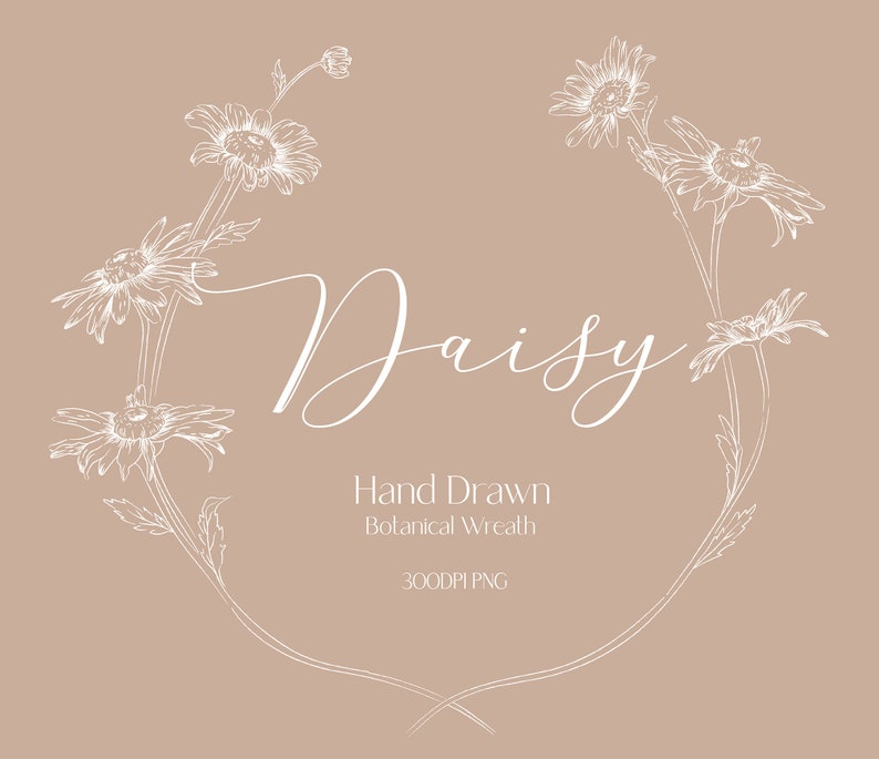 May include: A white line drawing of a daisy wreath with the word "Daisy" written in cursive in the center. The text "Hand Drawn Botanical Wreath 300DPI PNG" is below the wreath.