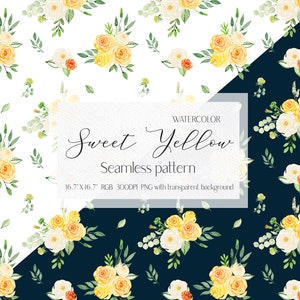 Watercolor yellow rose pattern png rose clip art floral pattern seamless pattern digital pattern