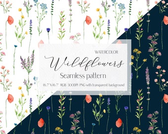 May include: A seamless pattern featuring watercolor wildflowers in shades of pink, blue, yellow, and green on a white and dark blue background. The text "WATERCOLOR Wildflowers Seamless pattern 16.7" x 16.7" RGB 300DPI PNG with transparent background" is included in the design.