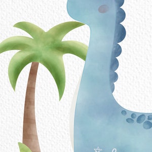 May include: A blue watercolor dinosaur with a smiling face stands next to a green palm tree. The dinosaur has a spiky back and spots on its body. The background is white with a subtle texture.