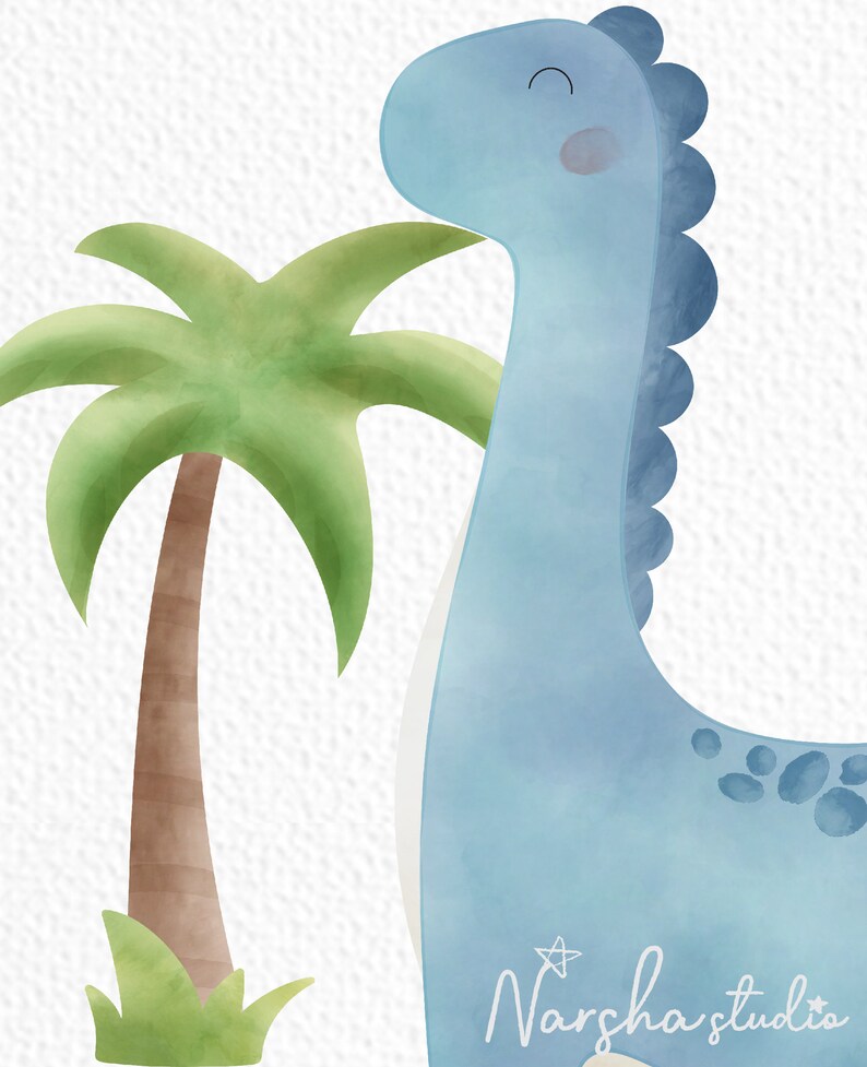 May include: A blue watercolor dinosaur with a smiling face stands next to a green palm tree. The dinosaur has a spiky back and spots on its body. The background is white with a subtle texture.