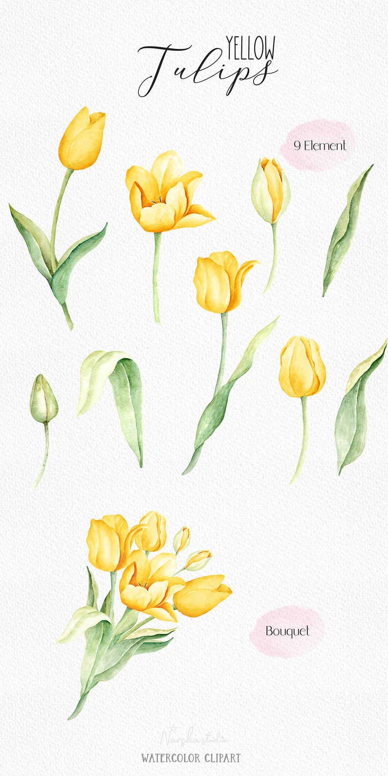 Spring Yellow Tulip Watercolor Clip Art/ Yellow Tulip png/ Floral Clipart/ Botanical Clipart/ Watercolor Flowers Bouquet image 3