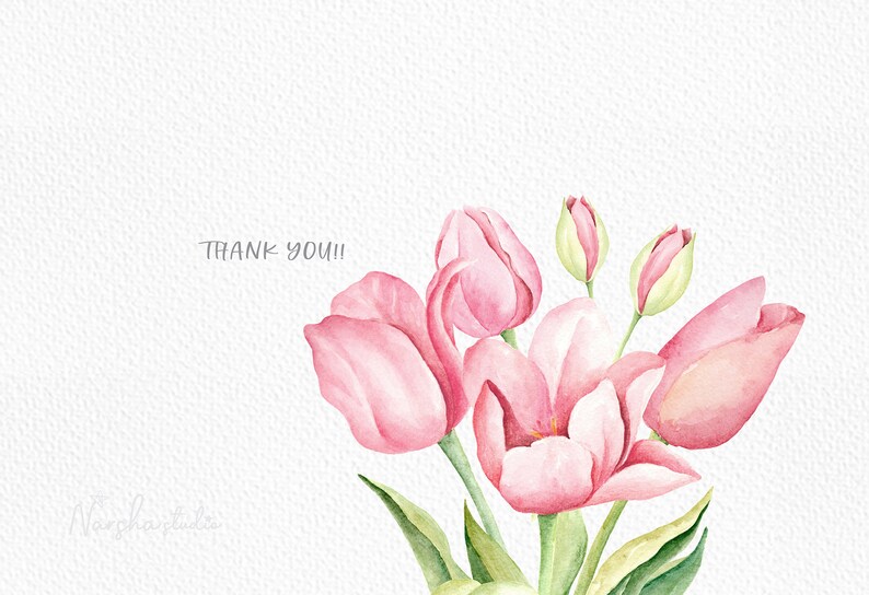May include: Watercolor painting of pink tulips with green leaves and stems on a white background. The text "THANK YOU!!" is written in black at the top of the image.