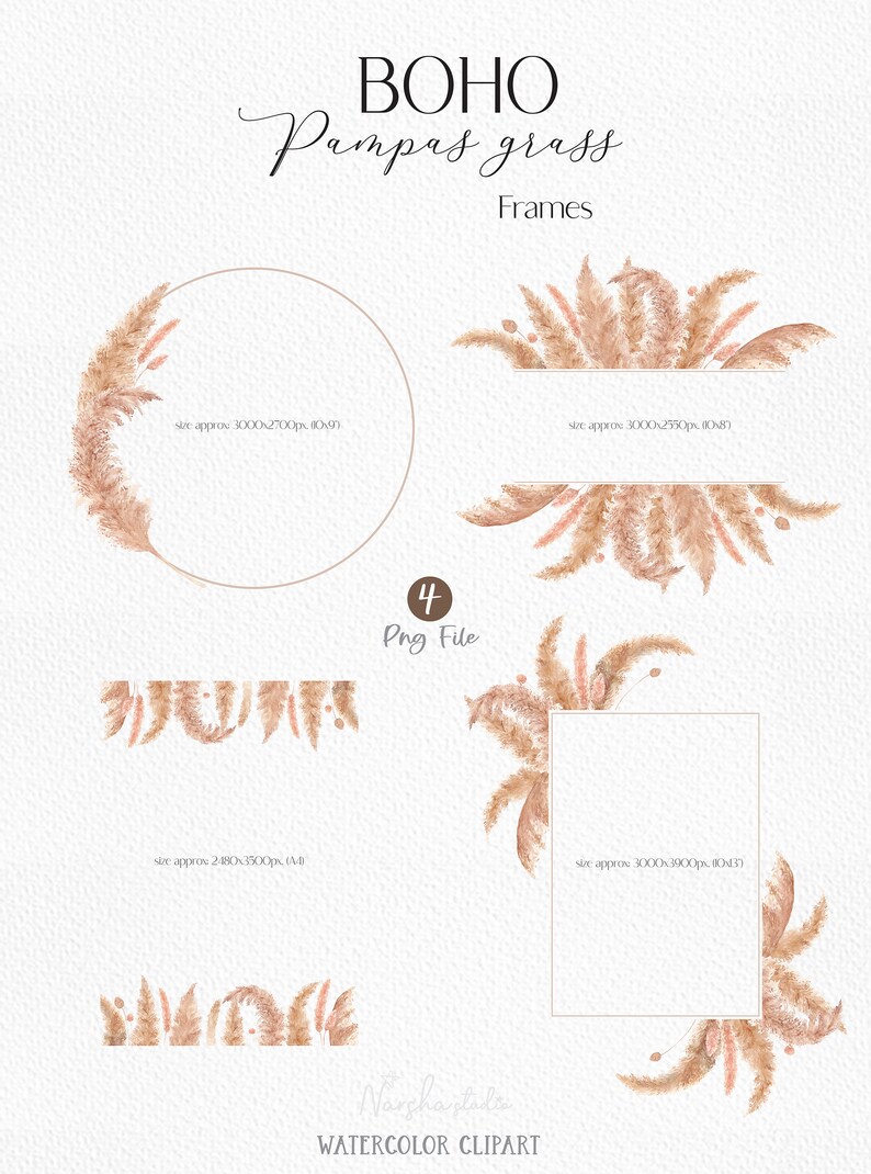 Dried Pampas Grass Frames Watercolor Clip Art. boho wedding watercolor floral frame png dried leaves wedding invitation frames image 3