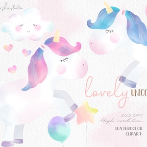 Watercolor Baby Unicorn Clip Art/ Unicorn PNG/ Hearts/ Balloons/ Unicorn watercolor/ Unicorn clipart/ magical clipart/ Unicorn illustration