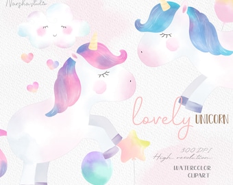 Watercolor Baby Unicorn Clip Art/ Unicorn PNG/ Hearts/ Balloons/ Unicorn watercolor/ Unicorn clipart/ magical clipart/ Unicorn illustration