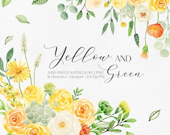 Spring Watercolor Floral Bouquets Digital Clipart  Yellow and green Watercolor Flowers Clipart Watercolor Flowers Bouquet