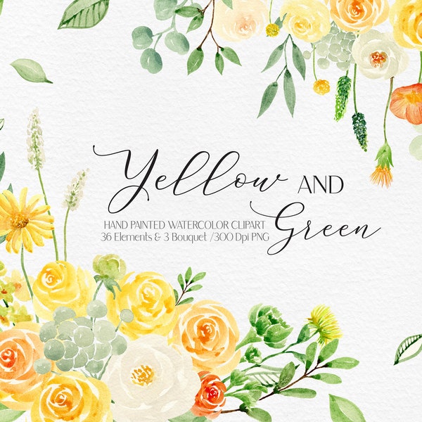 Spring Watercolor Floral Bouquets Digital Clipart  Yellow and green Watercolor Flowers Clipart Watercolor Flowers Bouquet