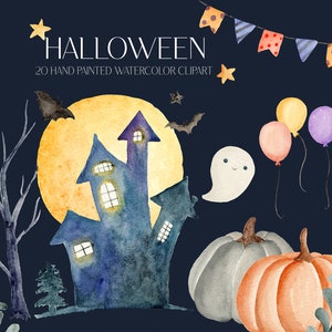 Peut inclure: Un ensemble de clipart aquarelle sur le th&egrave;me d'Halloween. L'ensemble comprend une maison hant&eacute;e, une pleine lune, des chauves-souris, un fant&ocirc;me, des citrouilles et des ballons. Les illustrations sont peintes dans un style fantaisiste avec des couleurs vives.