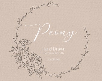 Floral wreath png botanical clipart flower wreath png peony png peony wreath png  flower line drawing wedding invitation