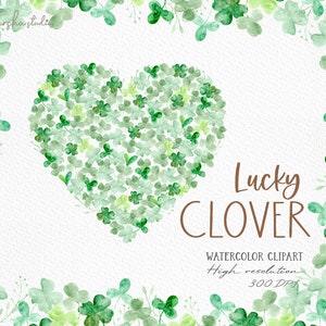 Lucky Clover Watercolor Clip Art / St Patricks Day Clipart / Clover Heart Png / Four Leaf Clover / St Patricks Png / Hand Drawn Clip Art