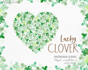 Lucky Clover Watercolor Clip Art/ St Patricks Day Clipart/ Clover Heart Png/ Four Leaf Clover/ St Patricks Png/ Hand Drawn Clip Art