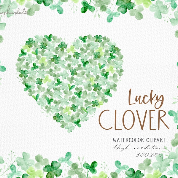 Lucky Clover Watercolor Clip Art/ St Patricks Day Clipart/ Clover Heart Png/ Four Leaf Clover/ St Patricks Png/ Hand Drawn Clip Art