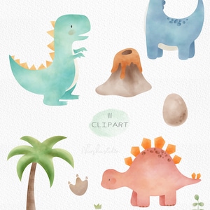 May include: Watercolor clipart set featuring baby dinosaurs, a volcano, a palm tree, an egg, a bone, and footprints. The dinosaurs are in shades of blue, green, and orange.