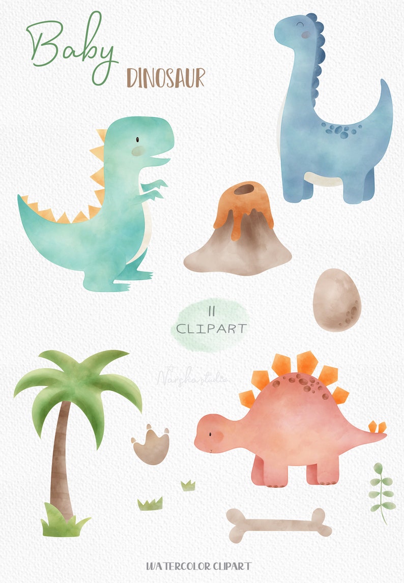 May include: Watercolor clipart set featuring baby dinosaurs, a volcano, a palm tree, an egg, a bone, and footprints. The dinosaurs are in shades of blue, green, and orange.