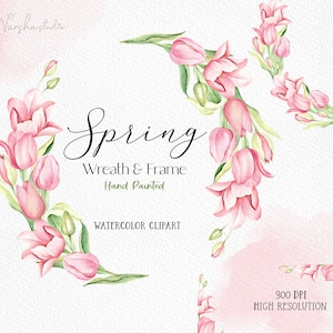 Lente bloemenkrans & Frames Aquarel Clip Art / Bloemkrans Png / Tulip Wreath Clipart / Botanische Clipart / Bloem uitnodiging
