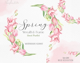 Spring  floral wreath & Frames Watercolor Clip Art/ Flower Wreath Png/ Tulip Wreath Clipart/ Botanical Clipart/ Flower invitation