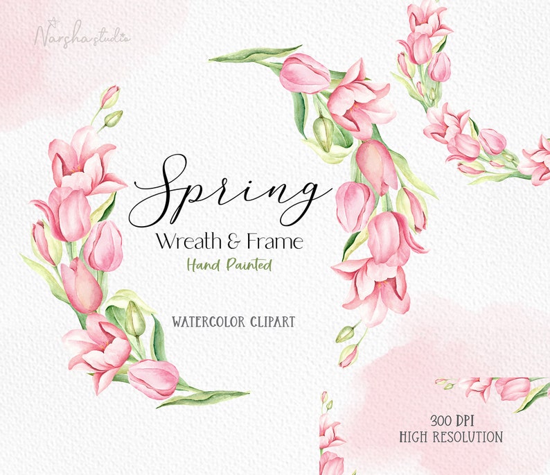 May include: Watercolour clipart of a spring wreath and frame featuring pink tulips and green leaves. The text "Spring Wreath & Frame Hand Painted Watercolour Clipart" is included in the image.