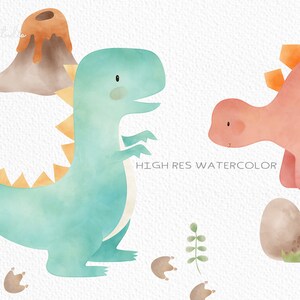 May include: Watercolor illustration of two dinosaurs, one green and one pink, with a volcano, an egg, and footprints.  The text "HIGH RES WATERCOLOR" is written in the image.
