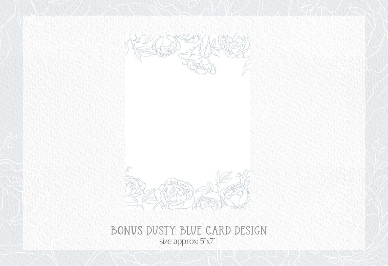 May include: A dusty blue card design with a floral border. The card is approximately 5 inches by 7 inches.