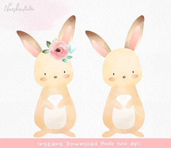 Rabbit Clip Art/ Bunny Clip Art/ Rabbit Flowers/ Watercolor Rabbit/ Rabbit Graphic/ Cute Bunny Clipart/ Rabbit With Flowers