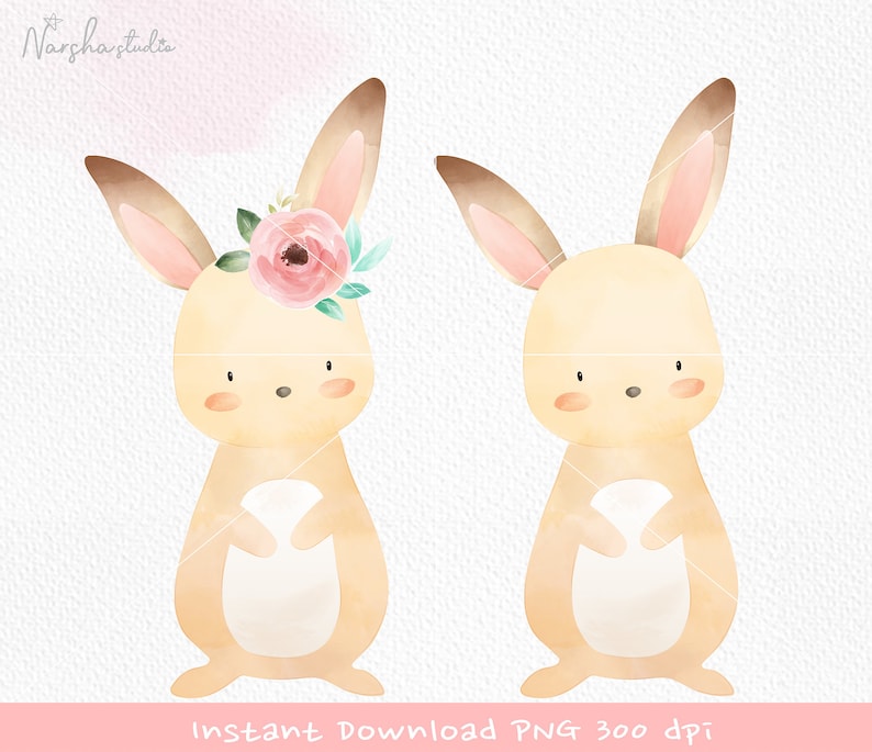 May include: Two watercolor illustrations of bunnies. One bunny is wearing a pink flower crown. Both bunnies are light brown with white bellies.