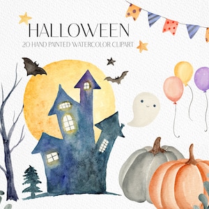Peut inclure: Un ensemble de clipart aquarelle sur le th&egrave;me d'Halloween. L'ensemble comprend une maison hant&eacute;e, un fant&ocirc;me, des chauves-souris, une pleine lune, des citrouilles et des ballons. Les illustrations sont peintes dans un style fantaisiste avec des couleurs vives.