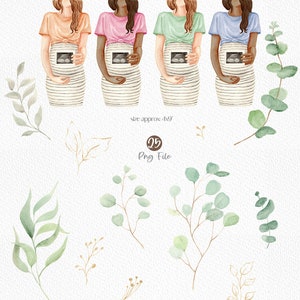 May include: Watercolor clipart set of pregnant women holding ultrasound images, with eucalyptus leaves and branches. The women are wearing striped skirts and colorful shirts. The set includes 25 PNG files, each approximately 4 inches by 9 inches.