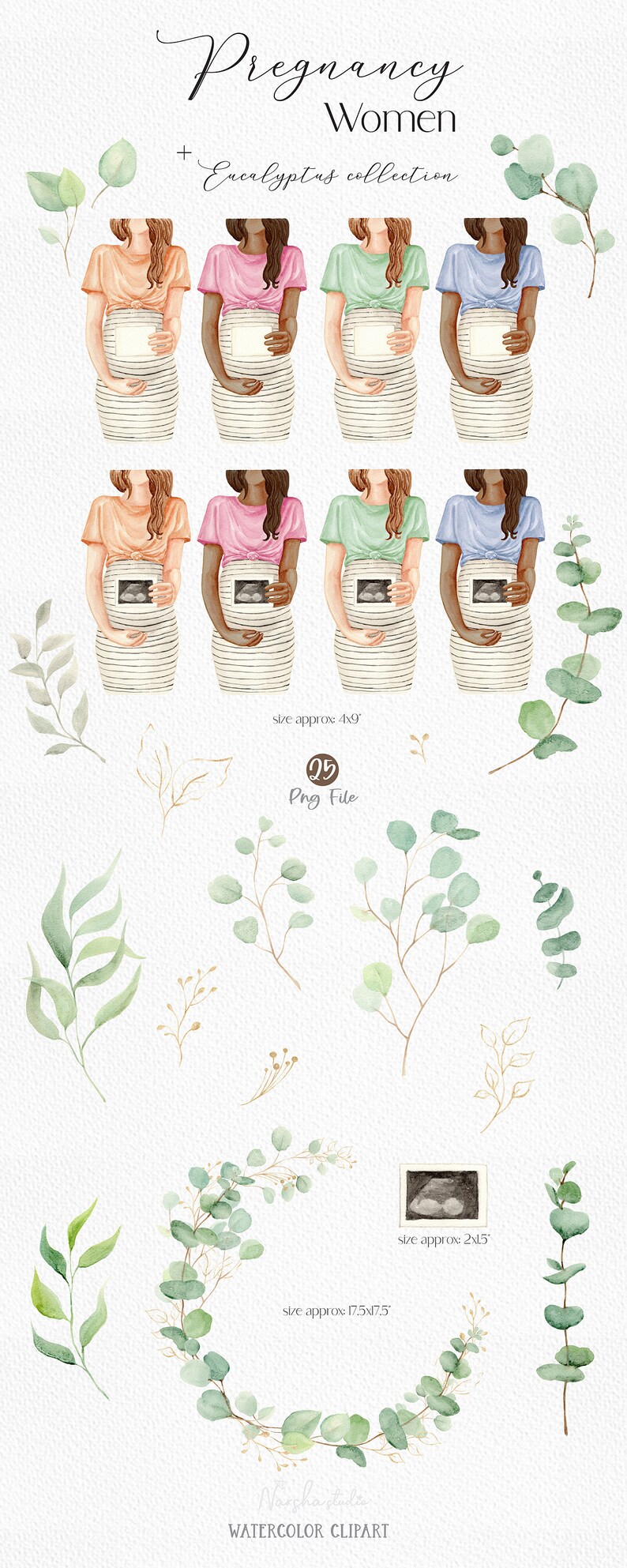 May include: Watercolor clipart set of pregnant women holding ultrasound images, with eucalyptus leaves and branches. The women are wearing striped skirts and colorful shirts. The set includes 25 PNG files, each approximately 4 inches by 9 inches.
