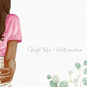 May include: A watercolor illustration of a pregnant person holding an ultrasound image. The person is wearing a pink shirt and a striped skirt. The background is white with green foliage.