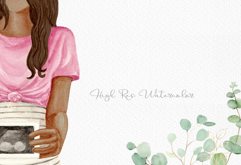 May include: A watercolor illustration of a pregnant person holding an ultrasound image. The person is wearing a pink shirt and a striped skirt. The background is white with green foliage.