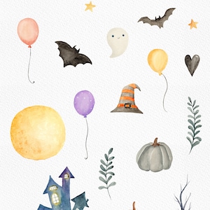 Peut inclure: Un ensemble de 20 illustrations d'Halloween en aquarelle. Les illustrations comprennent un fant&ocirc;me, des chauves-souris, des citrouilles, un chapeau de sorci&egrave;re, une maison hant&eacute;e, une pleine lune, des &eacute;toiles et plus encore.