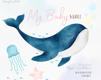 Baby Whale Watercolor Clip Art/ Blue whale/ Sea Animal Nursery/ Ocean Nursery Decor/ Sea clipart/ Whale clipart/whale illustration/whale png