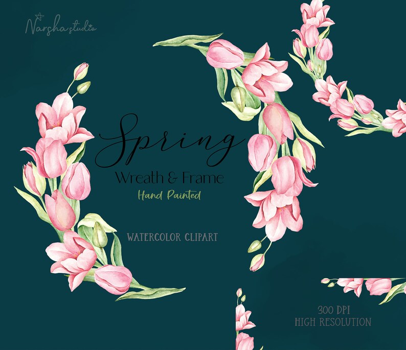 May include: Watercolour clipart of pink tulips arranged in a wreath and frame design. The text "Spring Wreath & Frame Hand Painted Watercolour Clipart" is included in the image.