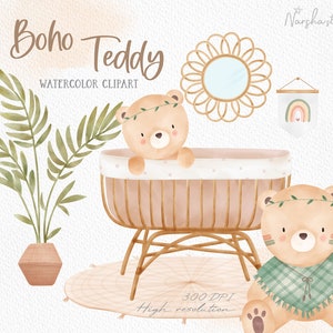 Boho Teddy Bear Watercolor Clip Art/ Boho Nursery Clipart/ Boho Clipart/ Newborn Clipart/ Nursery Decor/ Nursery Clipart/ Cute Bear Clipart