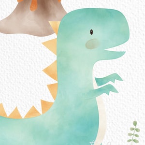 May include: A watercolor illustration of a light blue dinosaur with yellow spikes and a brown volcano in the background.