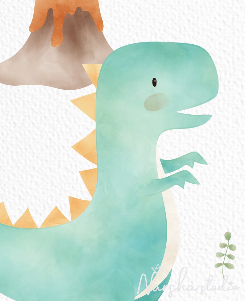 May include: A watercolor illustration of a light blue dinosaur with yellow spikes and a brown volcano in the background.