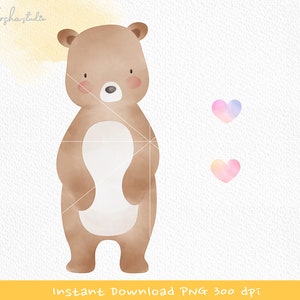 May include: A watercolor illustration of a brown bear with a white belly. The bear is standing on a white background. There are two watercolor hearts in the background, one pink and one purple.