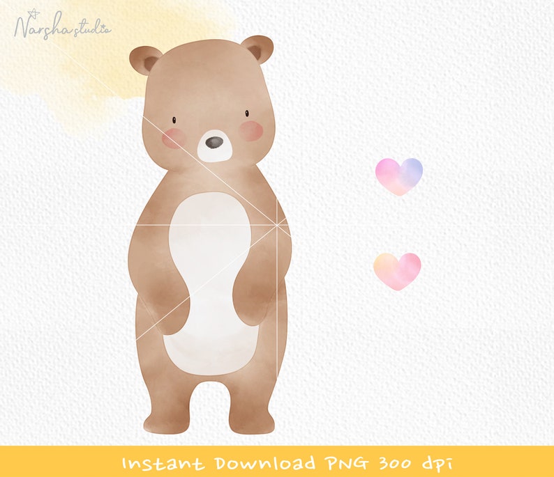 May include: A watercolor illustration of a brown bear with a white belly. The bear is standing on a white background. There are two watercolor hearts in the background, one pink and one purple.