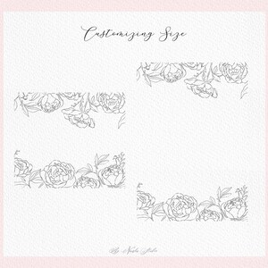 May include: Four black and white line drawings of peonies, each with a different arrangement of flowers and leaves. The text "Customizing Size" is at the top of the image. The text "By: Nadia Studio" is at the bottom of the image.