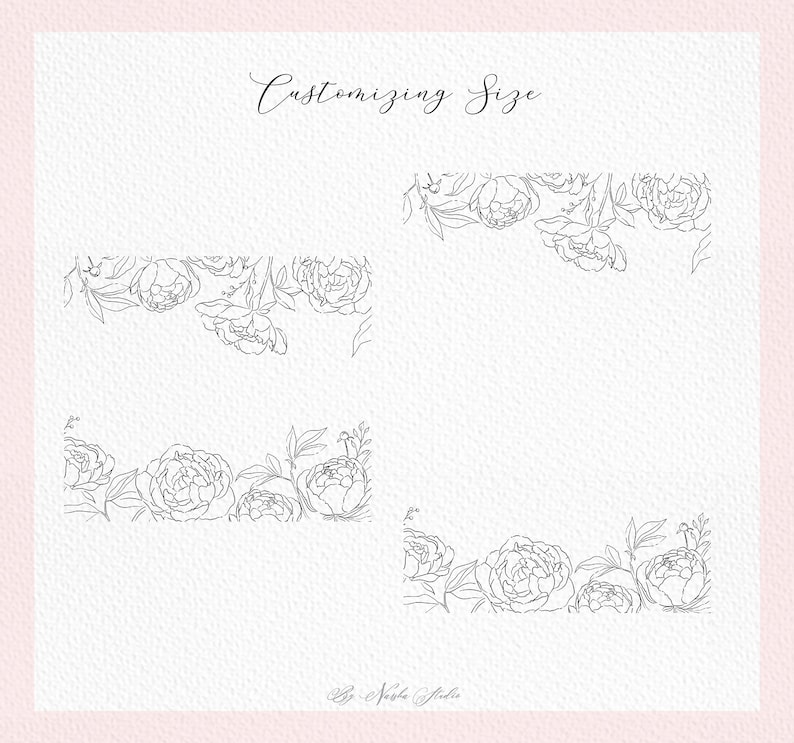 May include: Four black and white line drawings of peonies, each with a different arrangement of flowers and leaves. The text "Customizing Size" is at the top of the image. The text "By: Nadia Studio" is at the bottom of the image.