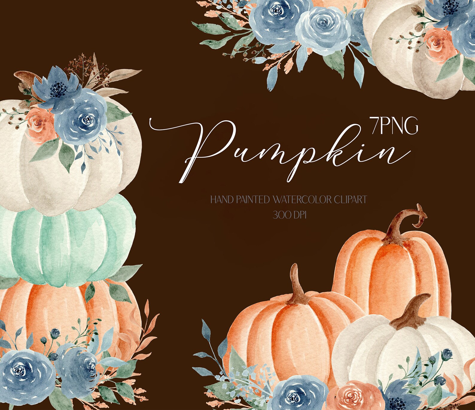 Watercolor Floral Pumpkin Clipart Autumn Bouquet Watercolor Pumpkin ...
