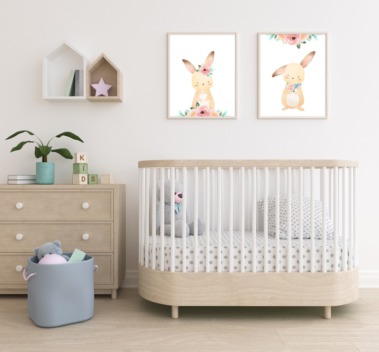 Set of 2 Bunny Prints/ Bunny With Flower/ Girls Room Decor/ Bunny ...